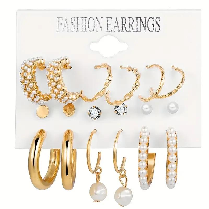 Stunning Pearl Stone Gold Plated Hoops - 6 Pcs Set for Women